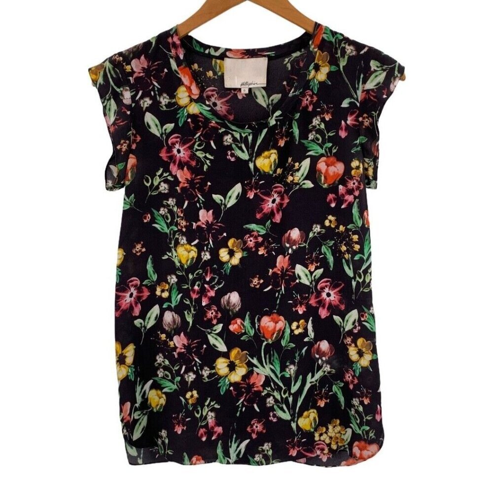 3.1 Phillip Lim Black Silk Floral Print Blouse Flutter Sleeve Size 0 - Picture 2 of 6